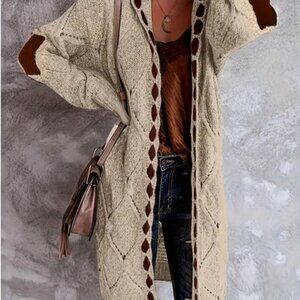 NEW Plus 5XL KHAKI Women Elegant Stitched Long Cardigan Knit Sweater Hoodie Coat